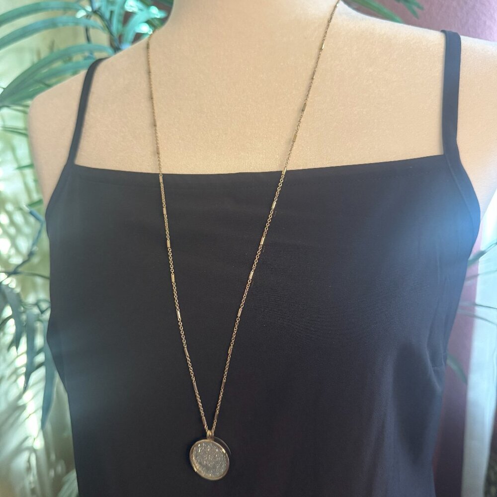 Long Chain Necklace with Round Blue Glittery Reversible Pendant